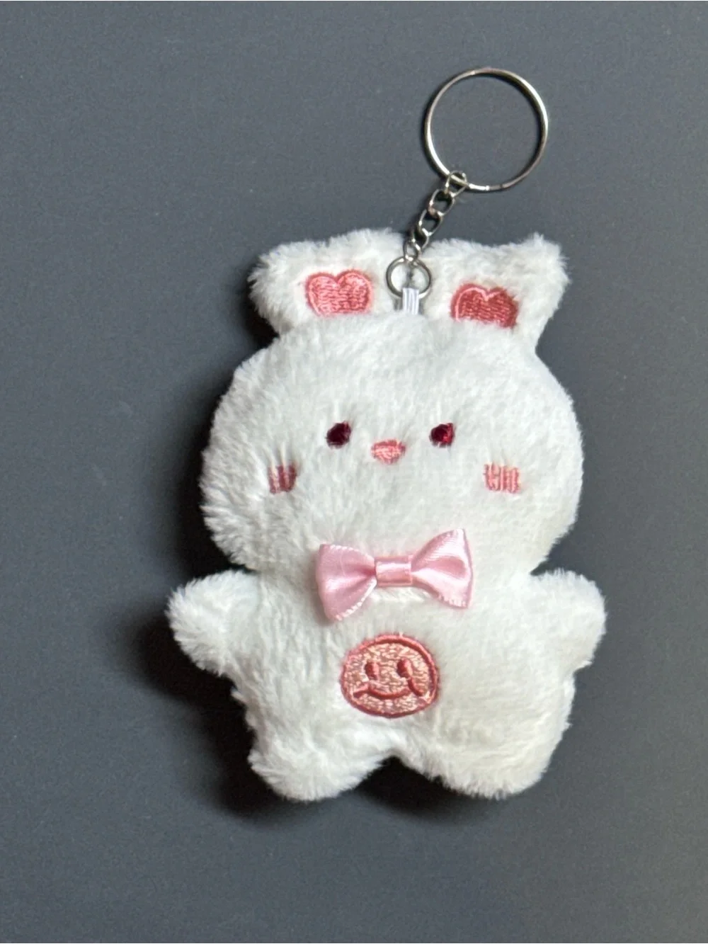 NIP Cute White Bunny Plush Keychain Bag Charm Bowtie Smiley